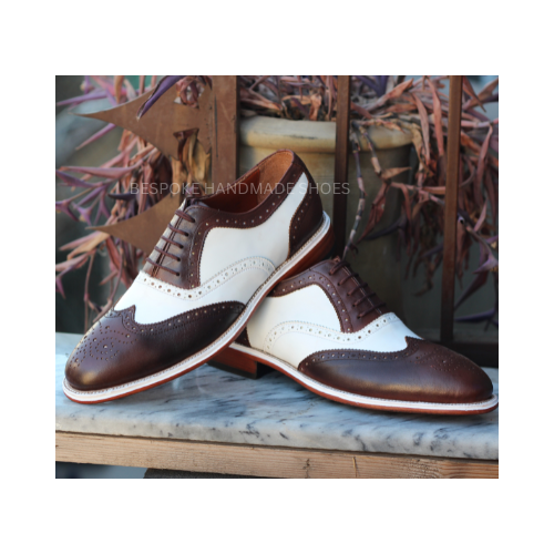 Bespoke Men's Handmade White, Brown Leather Oxford Brogue Wing-Tip Lace Up Dress Shoes