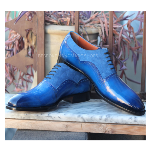 Bespoke Men's Handmade Blue, Leather And Suede Oxford Lace Up Dress Shoes For Party and Wedding