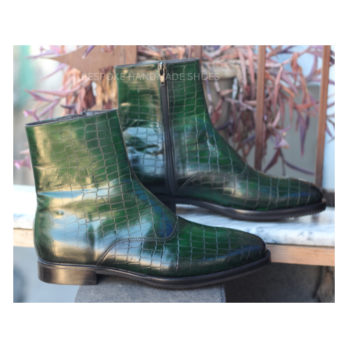 New Bespoke Men's Handmade, Green Crocodile Leather Print  Dress Boot for Party and Function