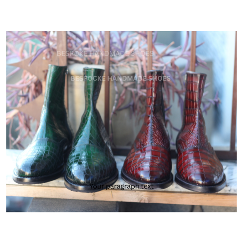 New Bespoke Men's Handmade, Green Crocodile Leather Print  Dress Boot for Party and Function
