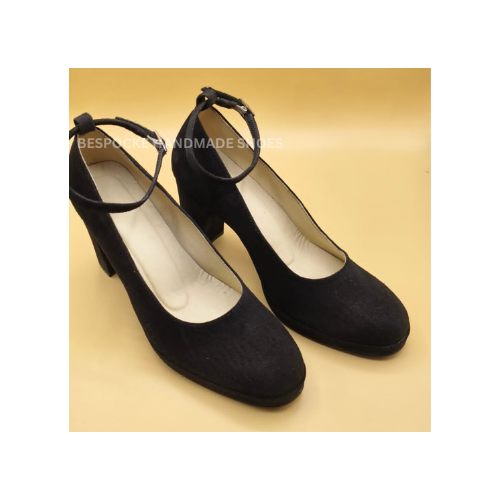 Bespoke Women Handmade Black Suede Heel Sandal Strap Side Buckle Sandal For Party Wedding