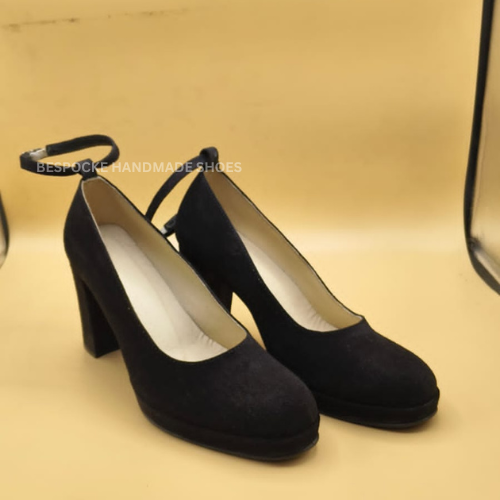 Bespoke Women Handmade Black Suede Heel Sandal Strap Side Buckle Sandal For Party Wedding