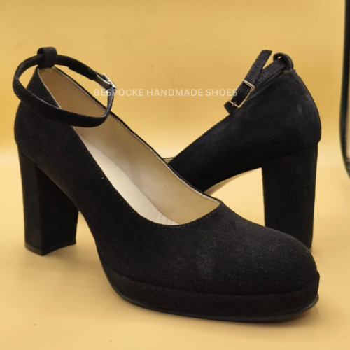 Bespoke Women Handmade Black Suede Heel Sandal Strap Side Buckle Sandal For Party Wedding