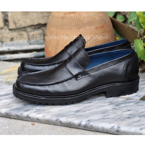 Custom Made Men's Black Color Leather Black Shaded Moccasin Slip-On Dress Casual Wear Shoes