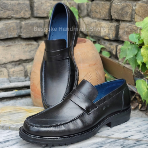 Custom Made Men's Black Color Leather Black Shaded Moccasin Slip-On Dress Casual Wear Shoes