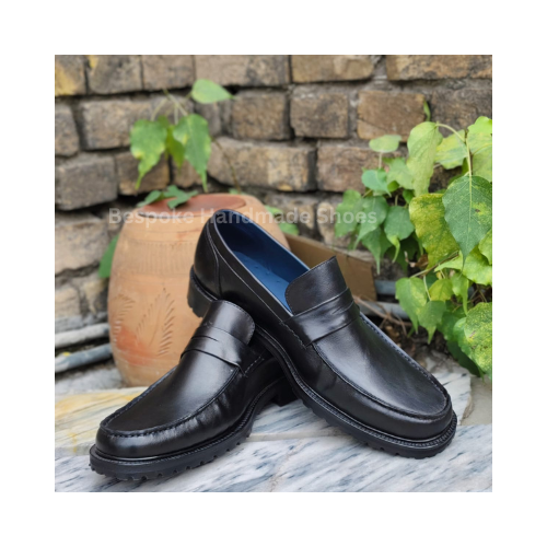 Custom Made Men's Black Color Leather Black Shaded Moccasin Slip-On Dress Casual Wear Shoes