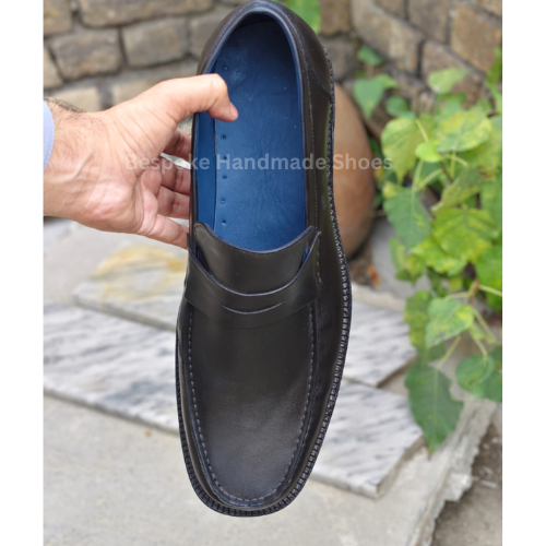 Custom Made Men's Black Color Leather Black Shaded Moccasin Slip-On Dress Casual Wear Shoes