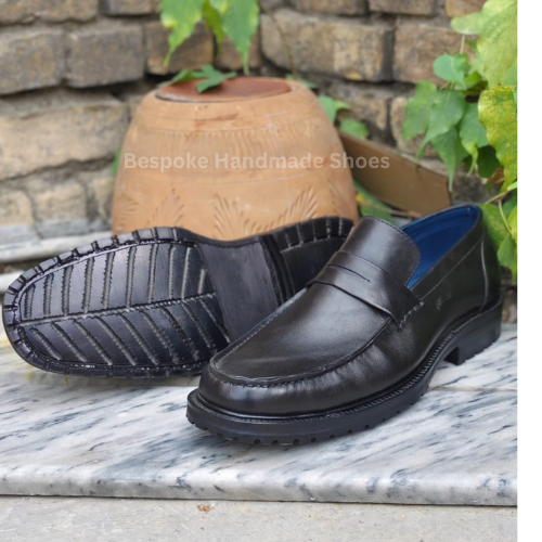 Custom Made Men's Black Color Leather Black Shaded Moccasin Slip-On Dress Casual Wear Shoes