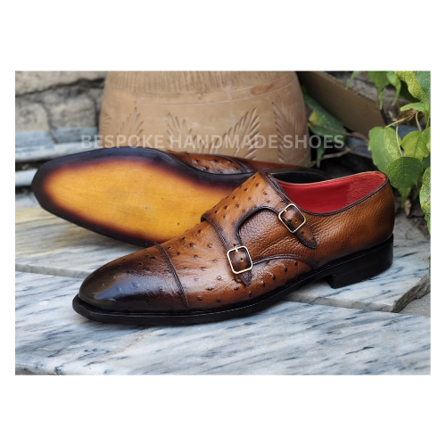 Custom Made Men's Brown Color Leather Double Monk Strap Cap-Toe Dress Formal Shoes Men
