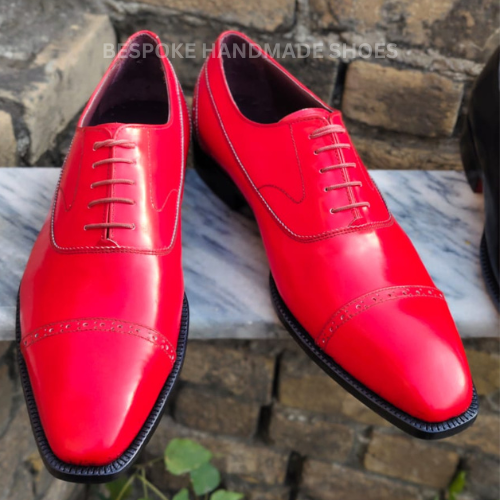 Custom Made New Men's Red Color Leather Oxford Lace Up Cap-Toe Formal Wear Shoes Men's