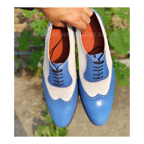Tailor Made Men's Blue, White Color Leather Oxford Wingtip Lace Up Formal Wear Shoes