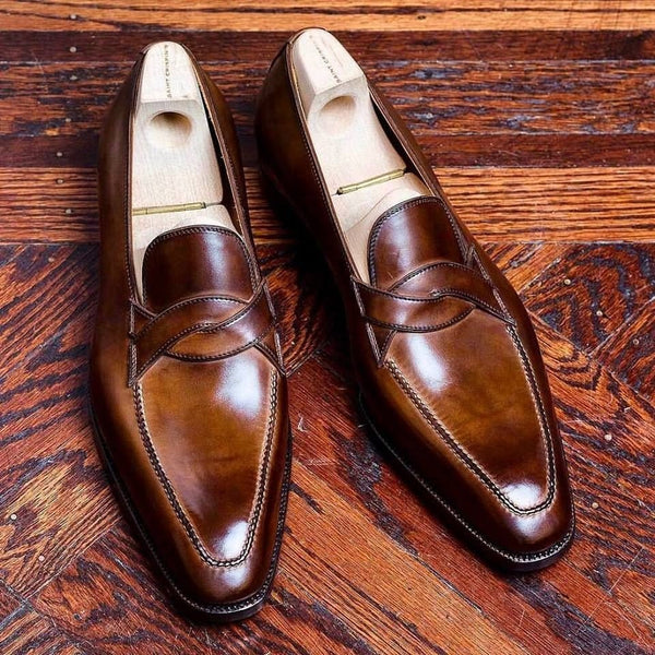 Bespoke Men's Brown Color Leather Oxford Slip On Moccasin Loafers Dress Shoe Men