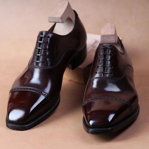 Bespoke Men's Burgundy Color Leather Oxford Cap-Toe Lace Up Gift Party Shoes Men