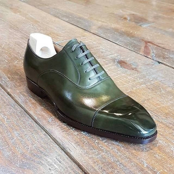Bespoke Men's Green Color Leather Oxford Cap-Toe Lace Up Dress Casual Shoes Men