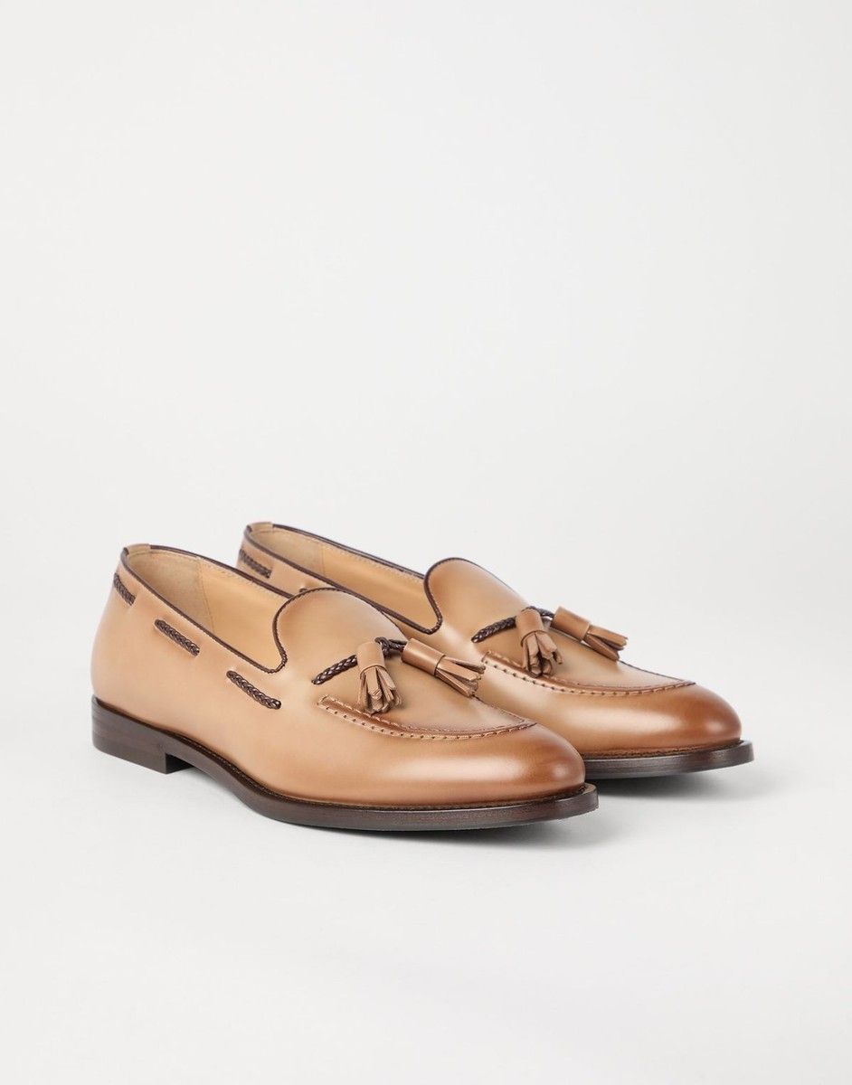 Bespoke Men's Handmade Beige Leather Slip On Moccasin Loafer Dress Casual Shoes Fashion With Tassel Shoes For Event Shoes