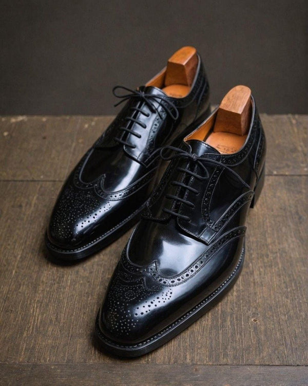 Bespoke Men's Handmade Black Leather Derby Wingtip Brogue Lace Up Formal Shoes