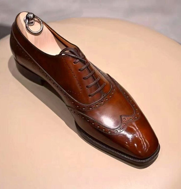 Bespoke Men's Handmade Brown Leather Oxford Wingtip Lace Up Casual Dress Shoes