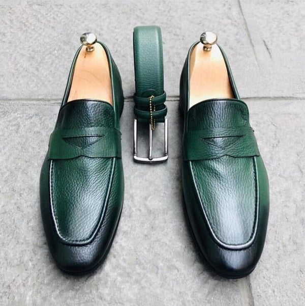 Bespoke Handcrafted Green Leather Moccasin Shoe Slip On Business Wedding Shoes