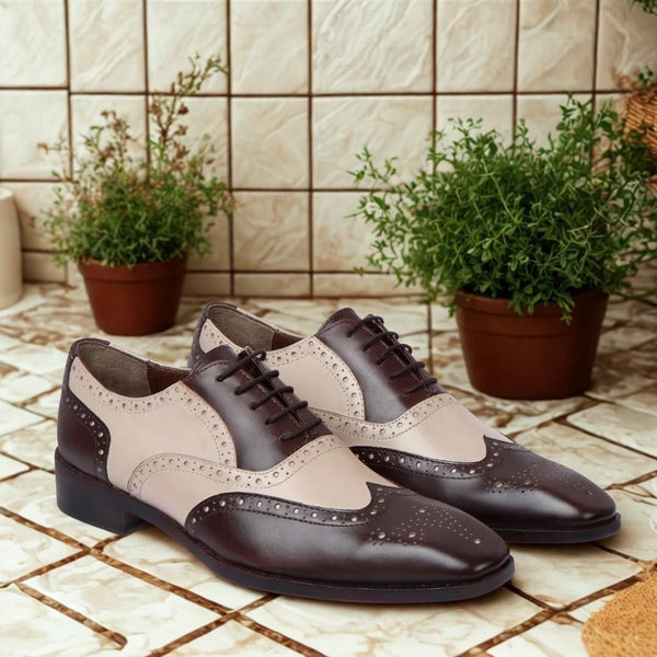 Bespoke New Handmade Brown & Cream Leather Oxford Shoes Luxury Formal Dress Shoes