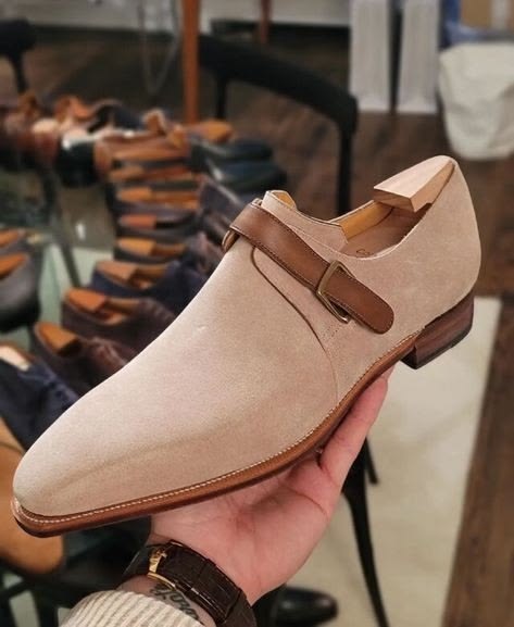 Bespoke Handmade Buckle Dress-formal Men Genuine Cream Suede Monk Strap Shoes