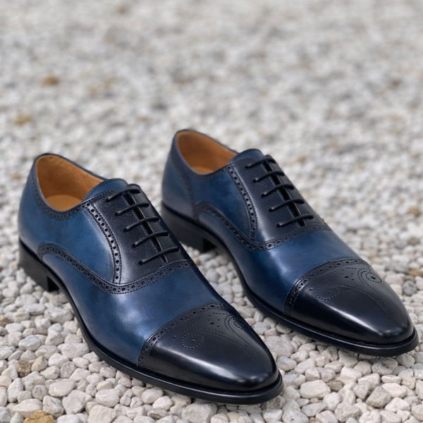 Bespoke Handmade Two Tone Leather Oxford Cap-Toe Brogue Lace Up Fashion Shoes