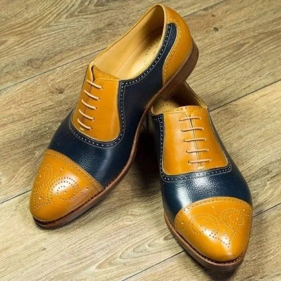 Latest Bespoke Handmade Two Tone Formal Leather Shoes Brand New Men Mustered, Navy Blue Leather Brogue Cap Toe Oxford For Wedding Shoe
