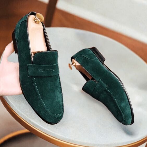 Bespoke Handmade Green Suede Penny Loafer Slip on Shoes for Men Casual Shoes