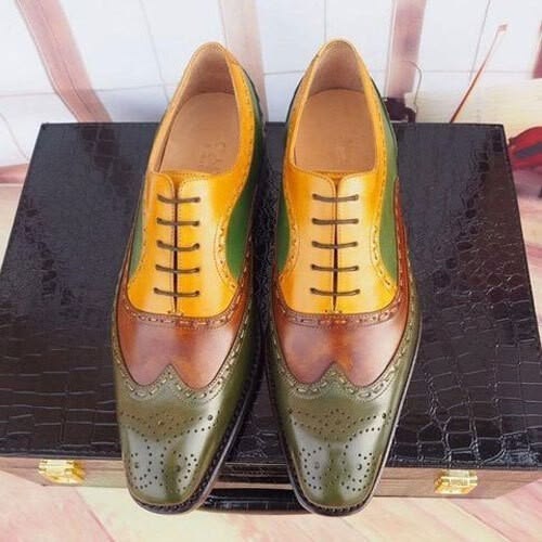 Bespoke Men's Handmade Three Tone Oxford Leather Wingtip Brogue Formal Lace Up Shoes