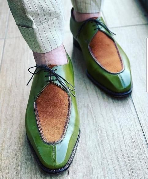 Bespoke Handmade Two Tone Green Leather Rust Suede Split Toe Lace Up Derby Shoes