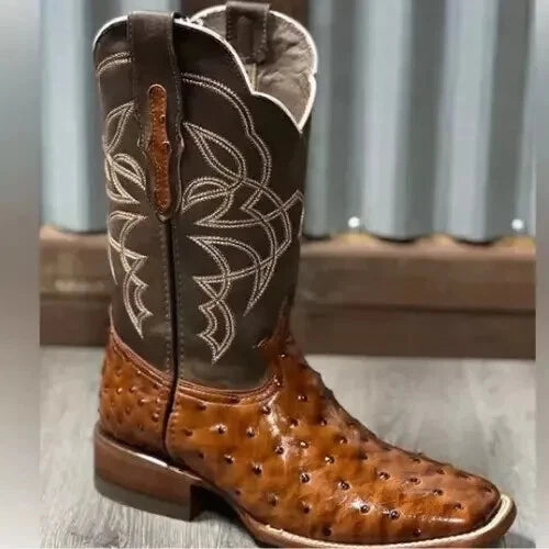 Bespoke Men's Handmade Cowboy Ostrich Print Brown Color Leather Western Boots Men