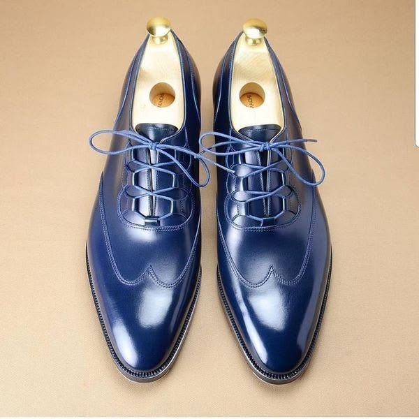 Bespoke Men's Blue Color Leather Wingtip Lace Up Stylish Wear Premium Quality Shoes
