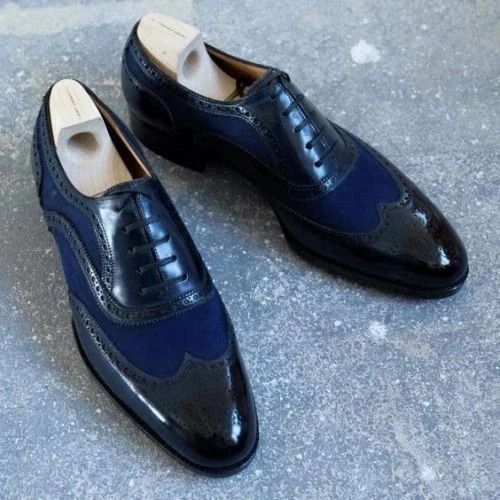 Bespoke New Men's Blue Suede, Black Leather Oxford Wingtip Brogue Lace Up Shoes
