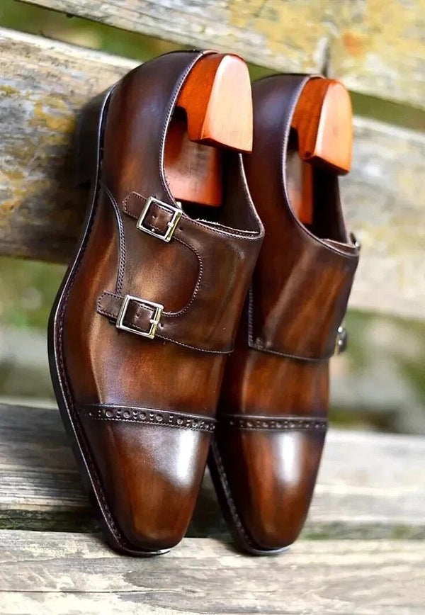 Bespoke New Men's Dark Brown Leather Oxford Cap-Toe Double Monk Strap Shoes