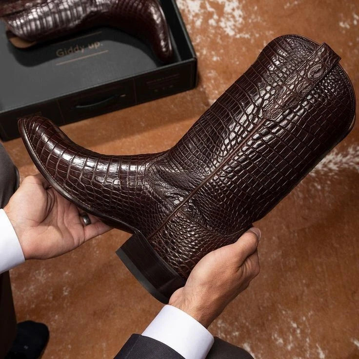 Handcrafted New Men's Brown Alligator Print Leather Cowboy Western Dress Formal Boots Men