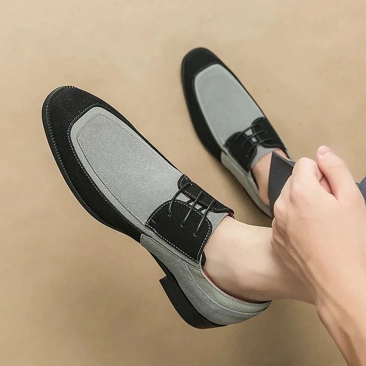 Brand New Hand business men's round toe Genuine Two Ton suede gray and black Casual Business Wear Shoes