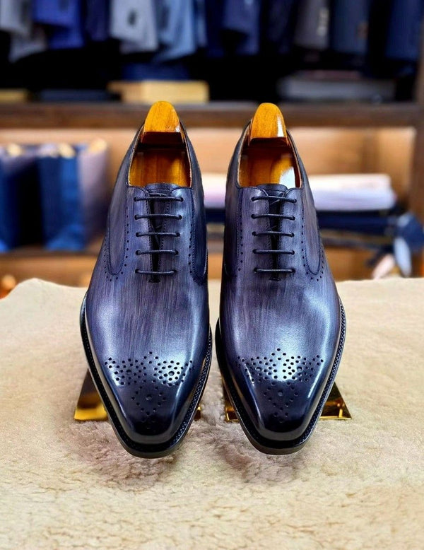 Bespoke New Handcrafted Blue Leather Oxford Dress Shoes For Men's Gift and Shoes