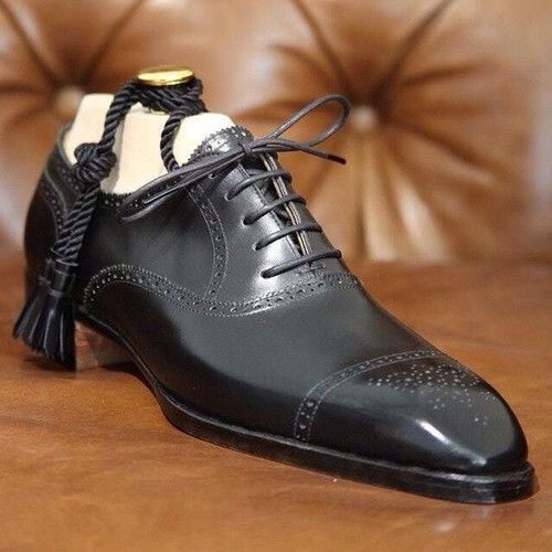 Bespoke New Genuine Black Leather Toe Cap Brogue Lace Up Oxford Party Wear Shoes