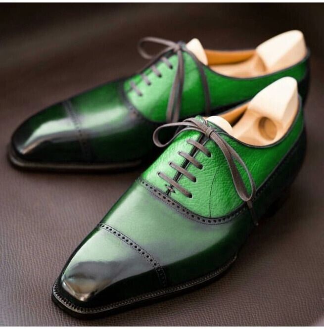 Bespoke Handcrafted Green Real leather Oxford Suede Toe Cap Maker by Pakistan For Party