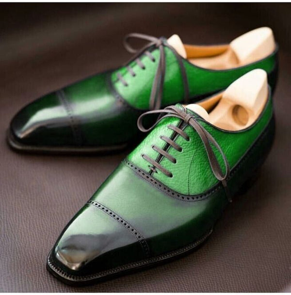 Bespoke Handcrafted Green Real leather Oxford Suede Toe Cap Maker by Pakistan For Party