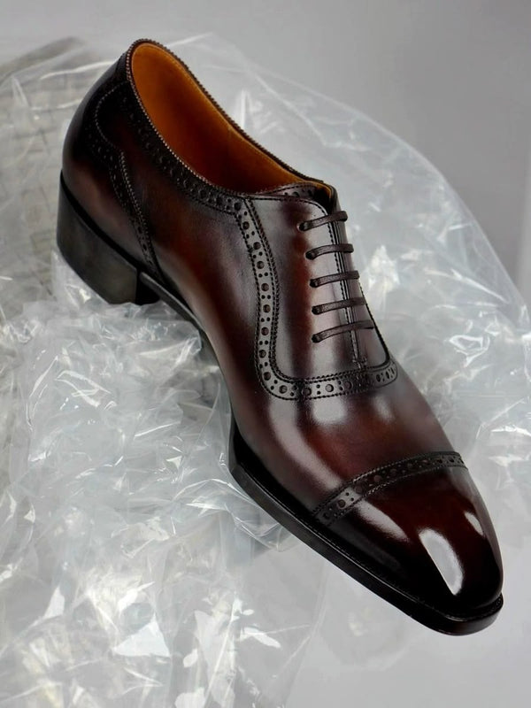 Bespoke Handcrafted Men's Brown Leather Cap-toe Oxford Dress Shoes for Gift shoes..
