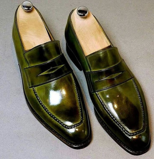 Bespoke Handcrafted New Men's Olive Green Leather Slip On Moccasin Formal Shoes