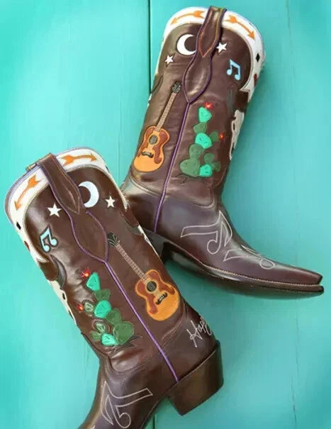 Handstitched Premium Quality Men's Bespoke Brown Cowboy Guitar Trails Western Dress Boots
