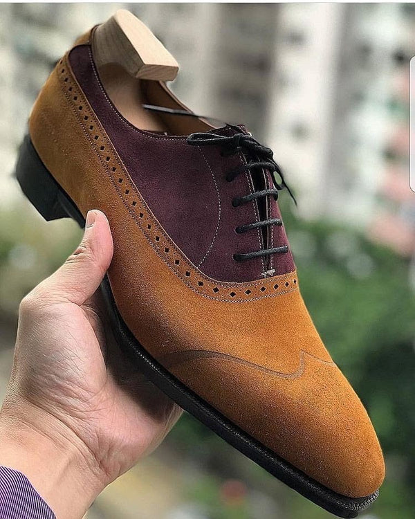 Bespoke Handmade Men's Two Tone Suede Leather Formal Dress Lace Up Shoes For Men