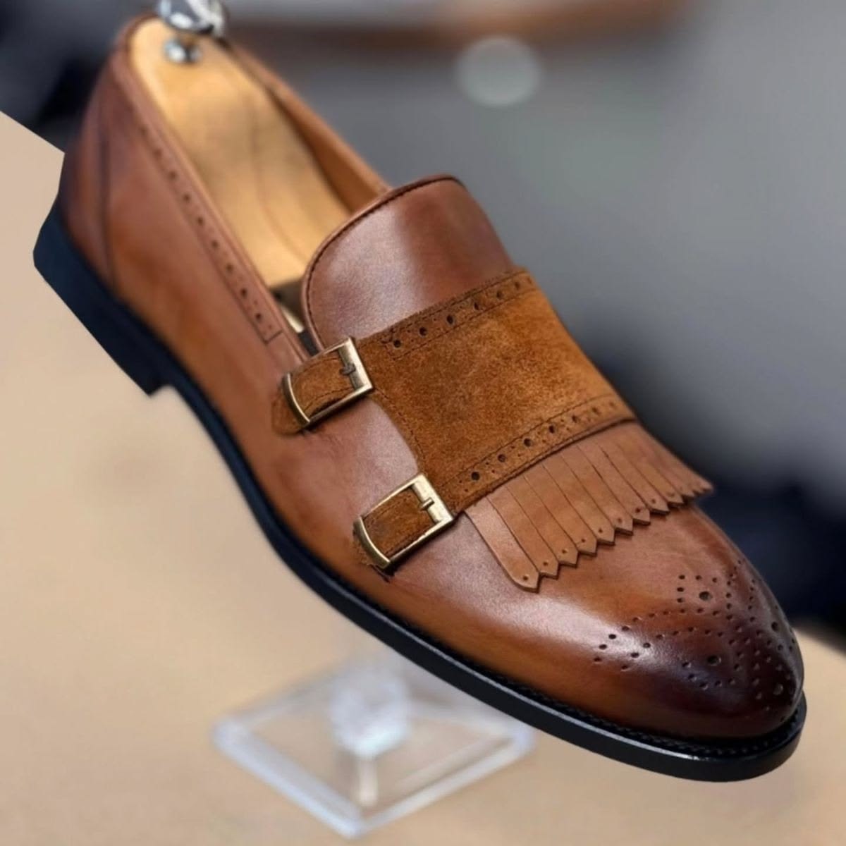 Bespoke Handmade Men's Brown Leather Suede Oxford Double Monk Strap Brogue Office Shoes
