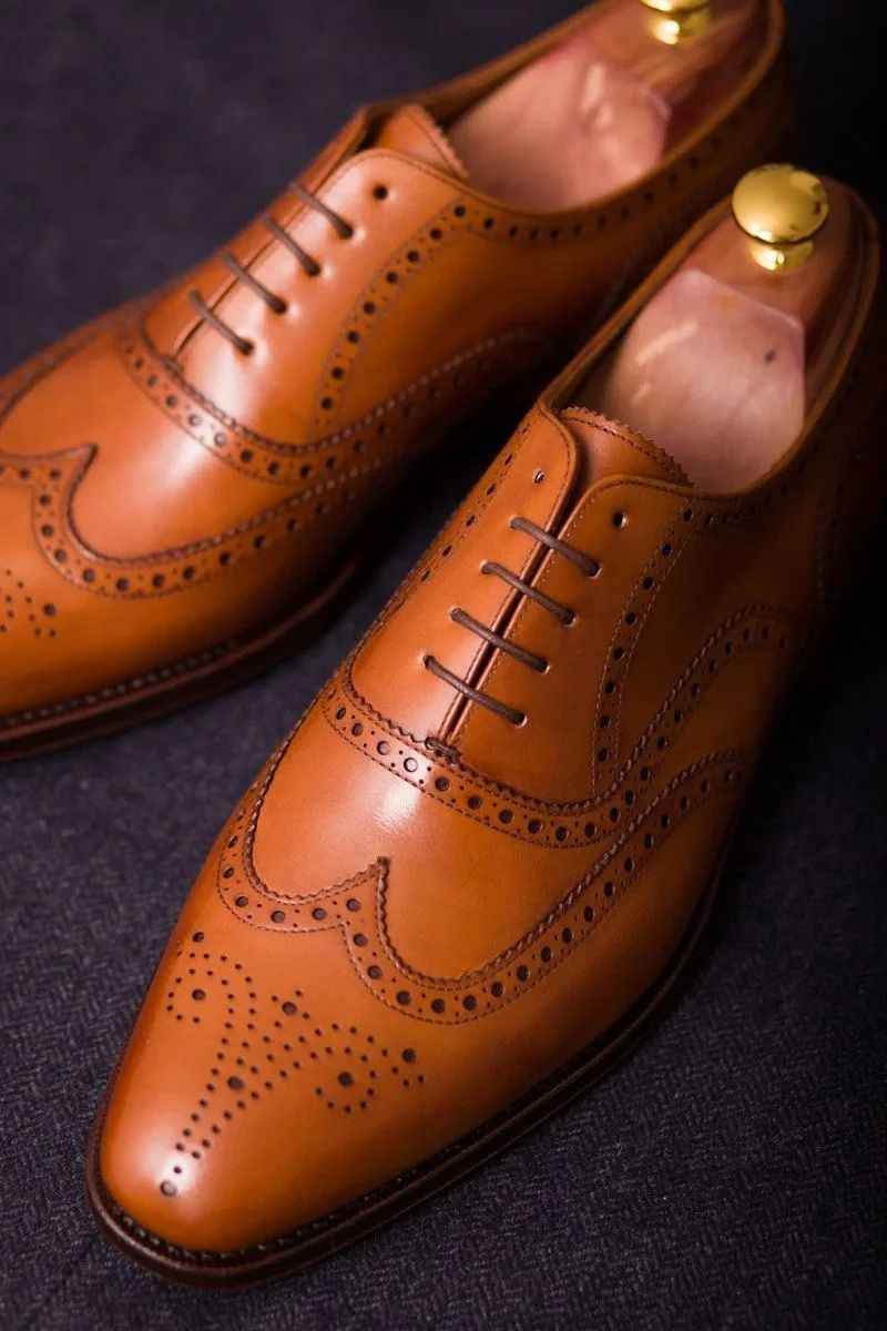 Custom Made Brand New Handmade Bespoke Handmade Men's Tan Color Leather Oxford Wingtip Brogue Lace Up Casual Shoes Men