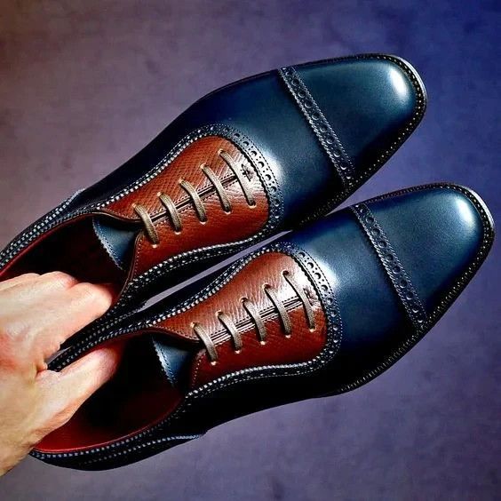 Bespoke Handmade New Men's Two Tone Leather Oxford Lace Up Toe-Cap Dress Shoe Men