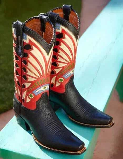 Bespoke Men's Handmade Premium Quality Black Cowboy Headdress Western Dress Boots