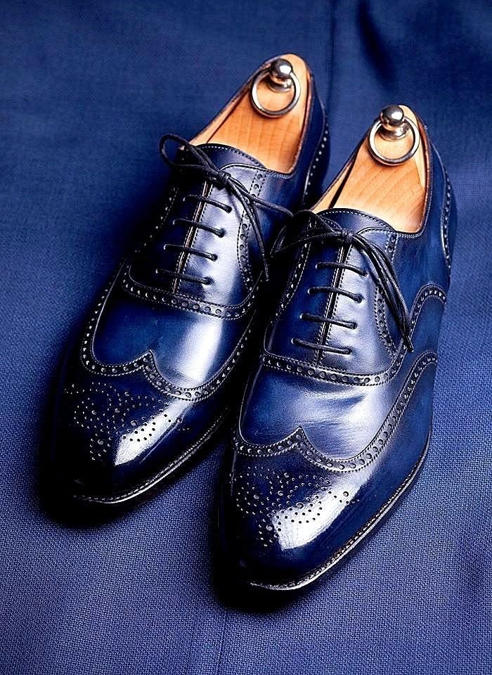 Latest Bespoke Handmade, Handstitched Men's Blue Leather Oxford Wingtip Brogue Lace Up Formal Dress Shoes