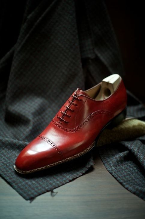 Bespoke Handstitched Men's Red Color Leather Oxford Cap-Toe Lace Up Dress Formal Shoes