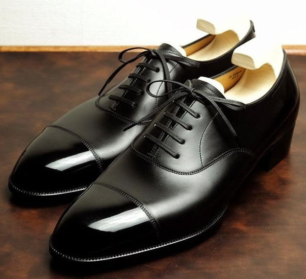 Bespoke Handstitched Men's Black Color Leather Oxford Lace Up Toe-Cap Formal Shoes